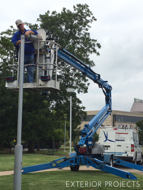 Oklahoma History Center exterior lighting - installing new LED fixtures